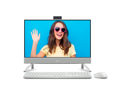 Imagen de una todo en uno Dell Inspiron 24 5410 blanca con una mujer que usa gafas de sol rosadas con forma de corazón en la pantalla.