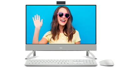 Image d’un ordinateur tout-en-un Dell Inspiron 24 5410 blanc avec une femme portant des lunettes roses en forme de cœur à l’écran.