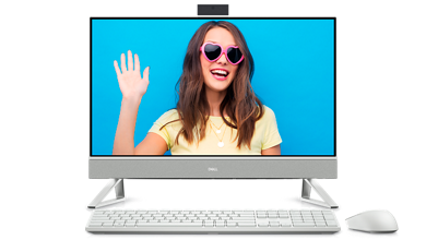 Imagen de una todo en uno Dell Inspiron 24 5410 blanca con una mujer que usa gafas de sol rosadas con forma de corazón en la pantalla.