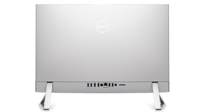 Bild eines weißen Dell Inspiron 24 5410 All-in-one-Monitors mit den auf der Rückseite des Produkts verfügbaren Anschlüssen.