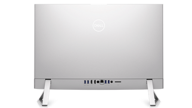 Imagen de un monitor todo en uno Dell Inspiron 24 5410 blanco que muestra los puertos disponibles detrás del producto.