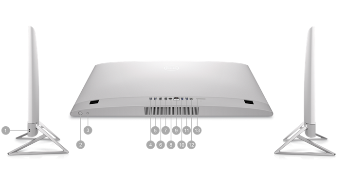 Dell Inspiron 24 5420 All-in-one with numbers from 1 to 13 showing the product ports and slots.