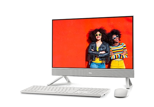 Kuva valkoisesta Dell Inspiron 24 5410 All-in-One -tietokoneesta, näytössä kaksi tyttöä aurinkolasit päässään.