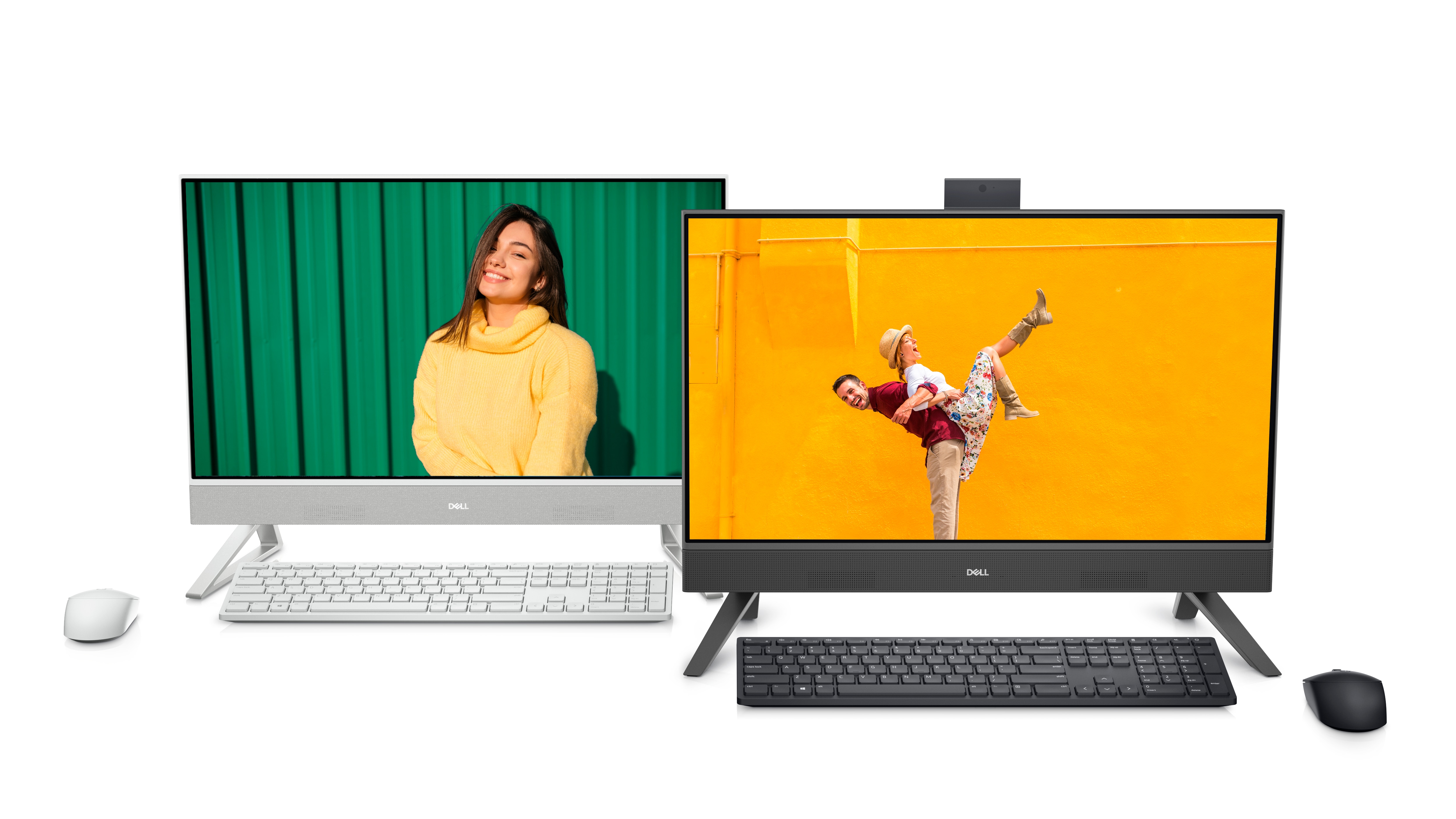 Picture of two black and white Dell Inspiron 24 5415 All-in-Ones side by side with different images on the monitor screens.