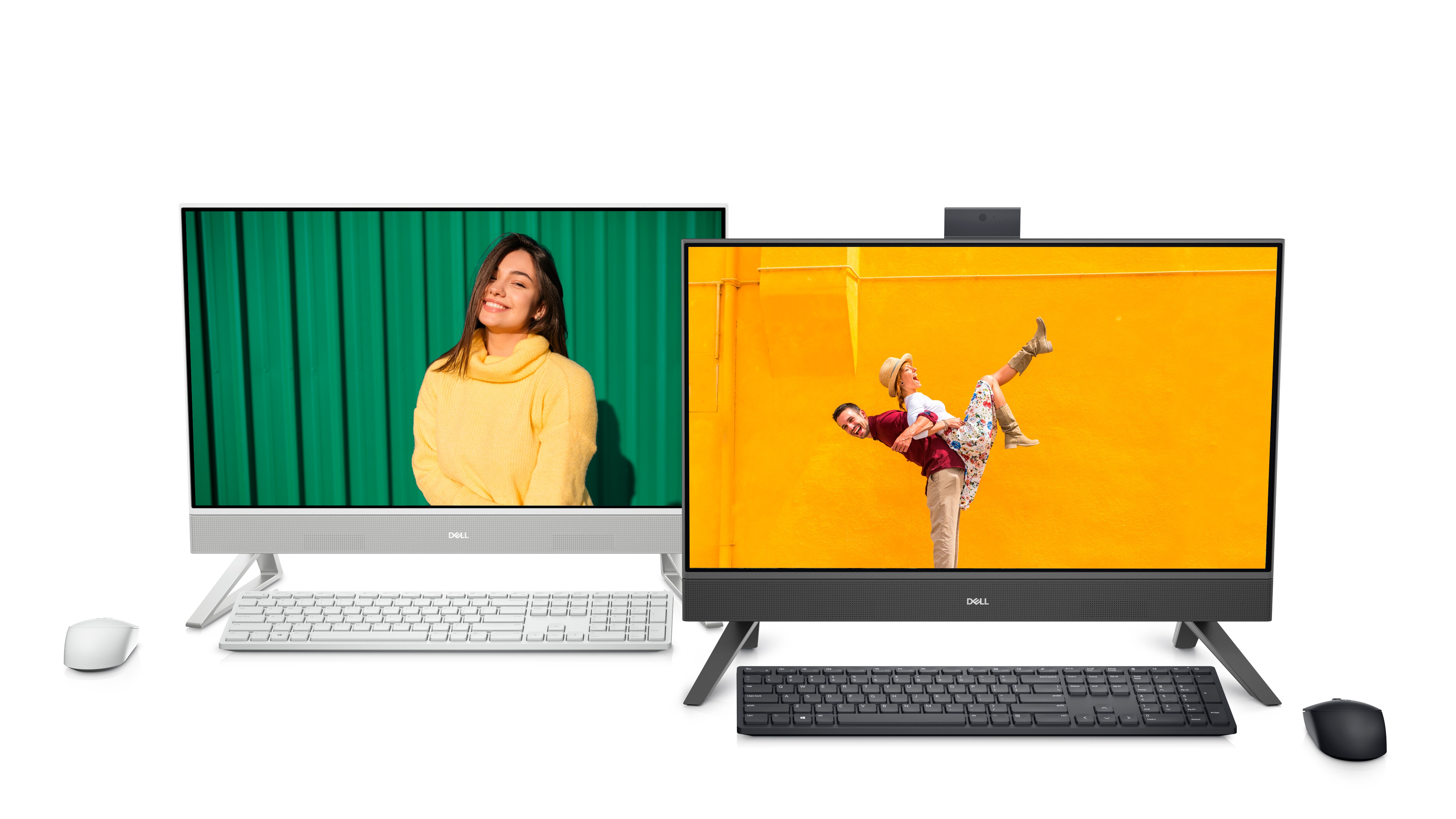 Image de deux ordinateurs tout-en-un Dell Inspiron 24 5415 en noir et blanc côte à côte avec différentes images sur les écrans.