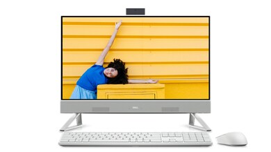 Bild eines weißen Dell Inspiron 24 5415-All-in-One-Systems mit einem lächelnden Mädchen vor einer gelben Wand auf dem Bildschirm.