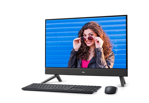 Obrázek černého počítače Dell Inspiron 27 7710 All-in-One s usmívajícím se mužem na obrazovce.