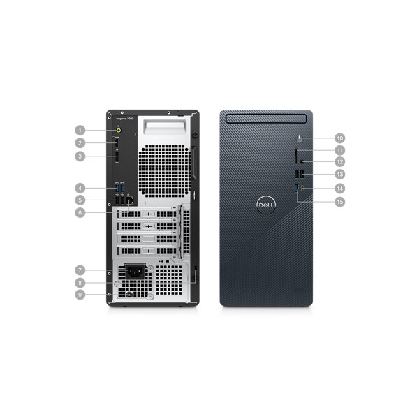 Dell Inspiron 3020 desktop with numbers from 1 to 15 signaling product ports and slots.