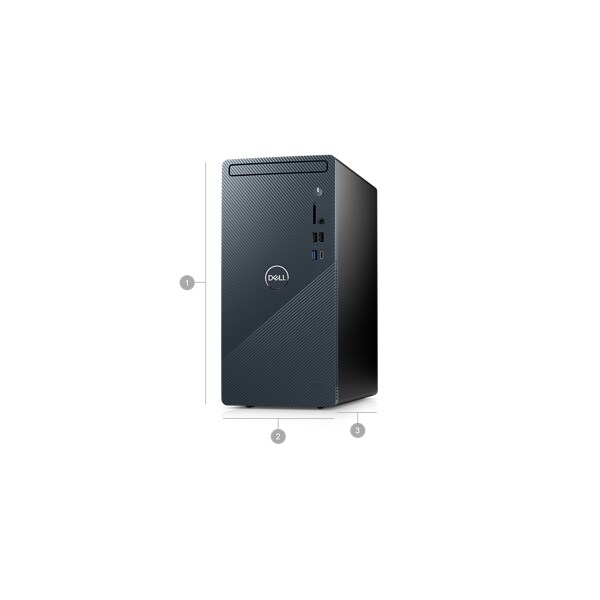 Dell Inspiron 3020 desktop with numbers from 1 to 3 signaling product dimensions & weight.