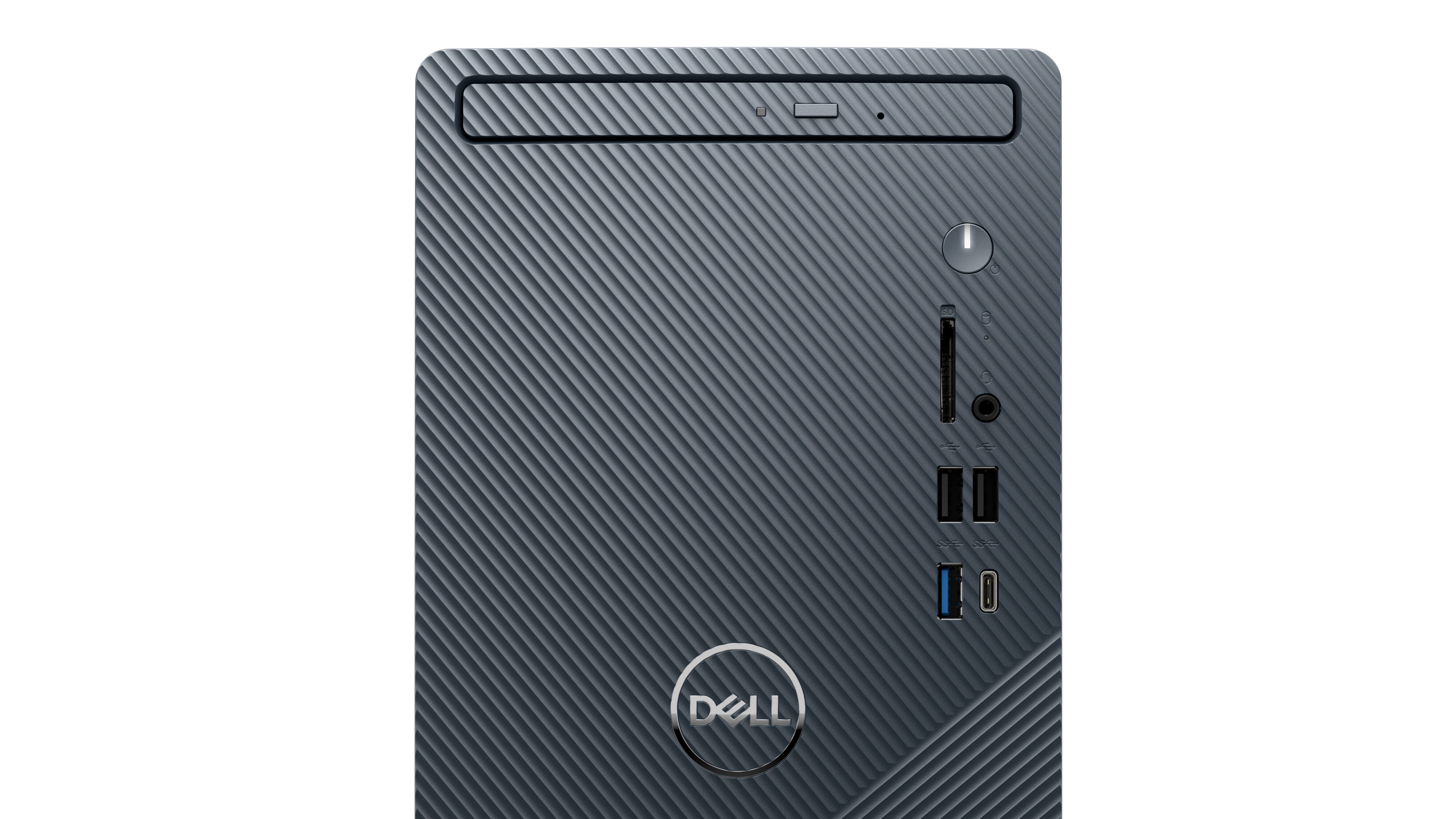 Photo représentant la moitié d’un ordinateur de bureau Dell Inspiron 3910 sur un fond blanc.