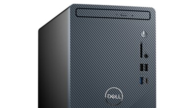 Abbildung eines zur Hälfte sichtbaren Dell Inspiron 3910-Desktop-PCs, der diagonal platziert ist, um die Anschlüsse und Details zu präsentieren. Weißer Hintergrund.