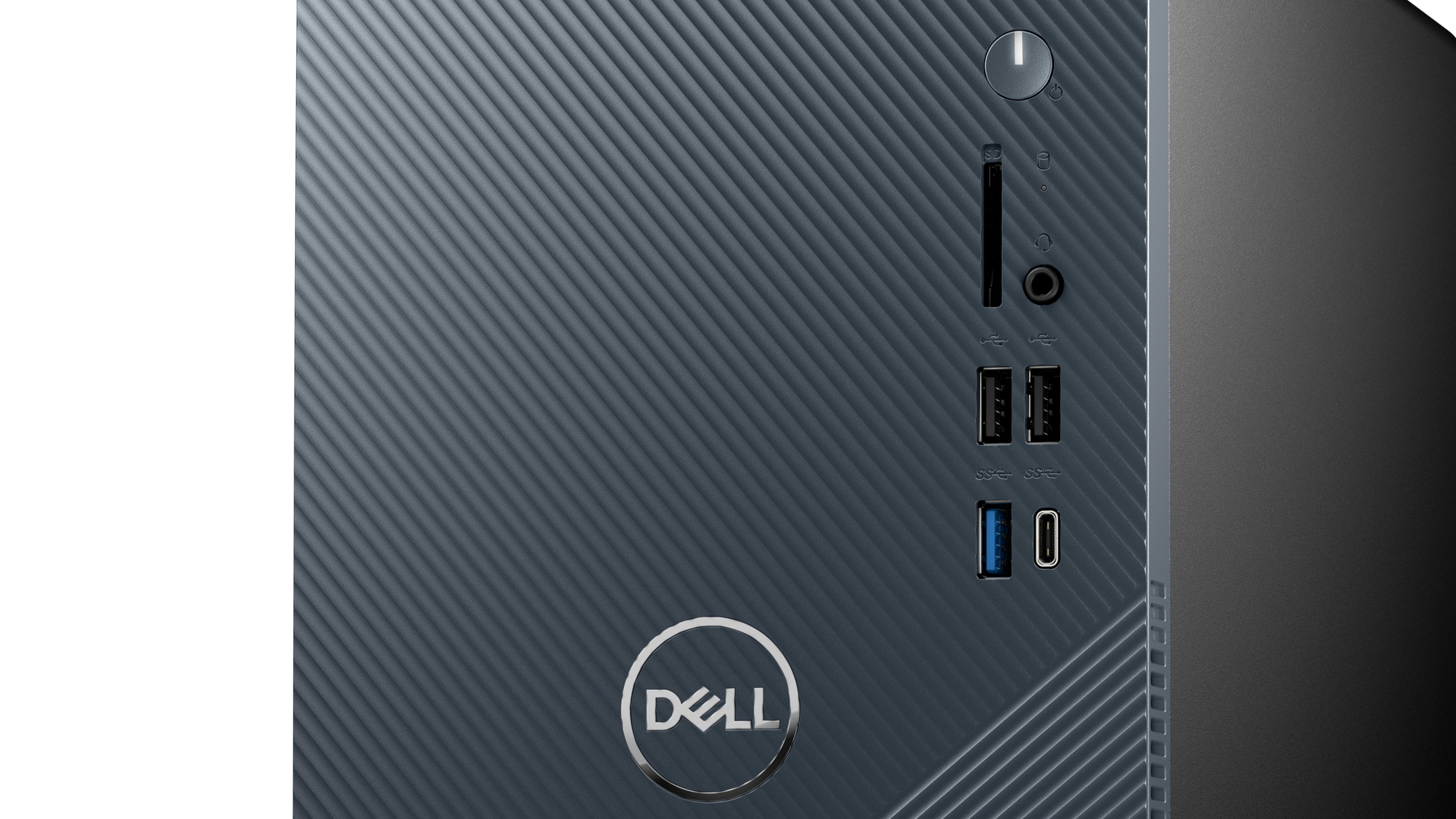 Image en gros plan de l’ordinateur de bureau Dell Inspiron 3910 montrant les ports et les détails. Arrière-plan blanc.