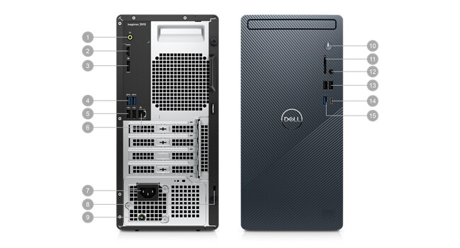 Image de deux ordinateurs de bureau Dell Inspiron 3910, l’un à l’avant, l’autre à l’arrière et les numéros indiquant les 15 ports.