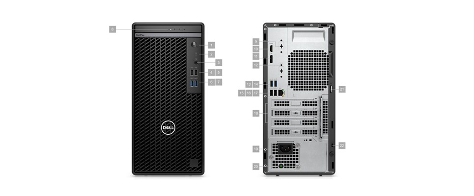 Dell OptiPlex 7010 Tower Desktop with numbers from 1 to 22 showing the product ports and slots.           