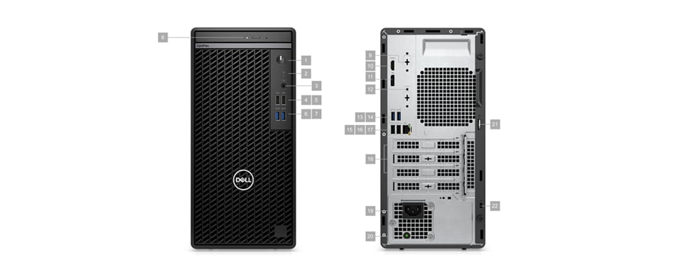 Dell OptiPlex 7010 Tower Desktop with numbers from 1 to 22 showing the product ports and slots. 