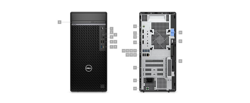 Dell OptiPlex 7010 Plus Desktop with numbers from 1 to 26 showing the product ports and slots. 