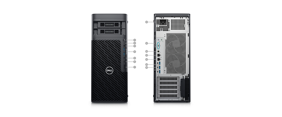 Dell Precision 5860 Tower Computer Workstation with numbers from 1 to 14 showing the product ports and slots.