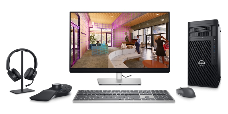 Image d'une station de travail Dell Precision 7865 fixe avec un écran, un clavier, une souris et un casque Dell.