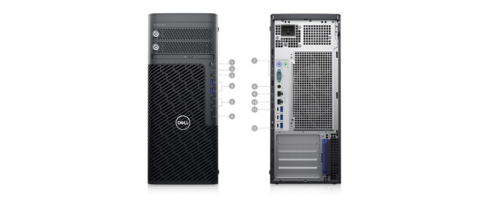Picture of two Dell Precision 7865 Tower Workstations with numbers from 1 to 12 signaling the product ports & slots.
