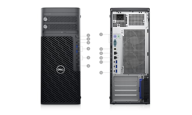 Ilustracja przedstawiająca dwie stacje robocze Dell Precision 7865 Tower z liczbami od 1 do 12 oznaczającymi porty i gniazda urządzeń.