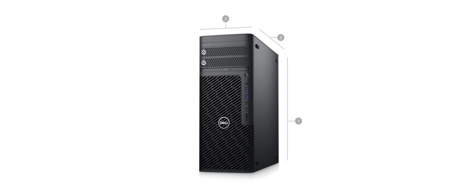 Picture of a Dell Precision 7865 Tower Workstation with numbers from 1 to 3 signaling product dimensions & weight.