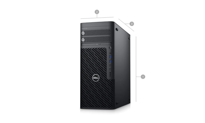 Picture of a Dell Precision 7865 Tower Workstation with numbers from 1 to 3 signaling product dimensions & weight.