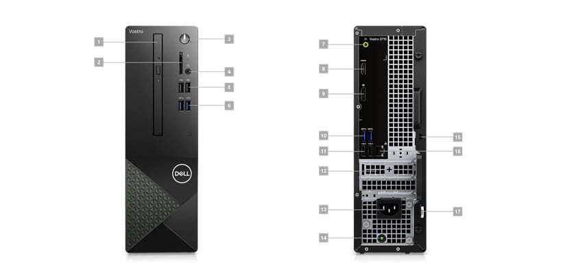 Imagem de dois Desktops de Fator de Forma Reduzido Dell Vostro 3710 com números de 1 a 17 a assinalar as portas e as ranhuras do produto.