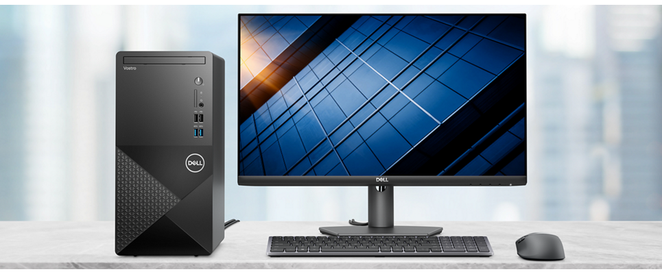 Imagem de uma Torre de Desktop Dell Vostro 3910 ligada a um Monitor, teclado e rato da Dell.