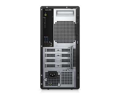 Picture of a Dell Vostro Tower 3910 Desktop on its back showing the ports available behind the product.