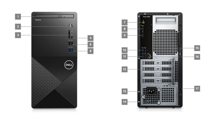 Imagem de duas Torres de Desktop Dell Vostro 3910, uma frontal e outra traseira e números a indicar as 17 portas.