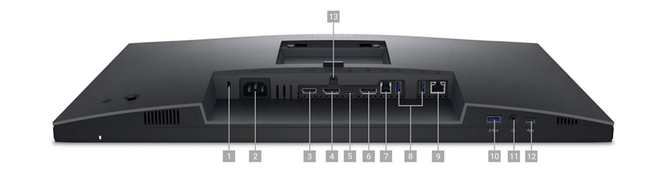 Dell P2424HEB Videokonferenzmonitor, liegend mit Bildschirmseite nach unten und Zahlen von 1 bis 13 zur Kennzeichnung der verfügbaren Anschlüsse