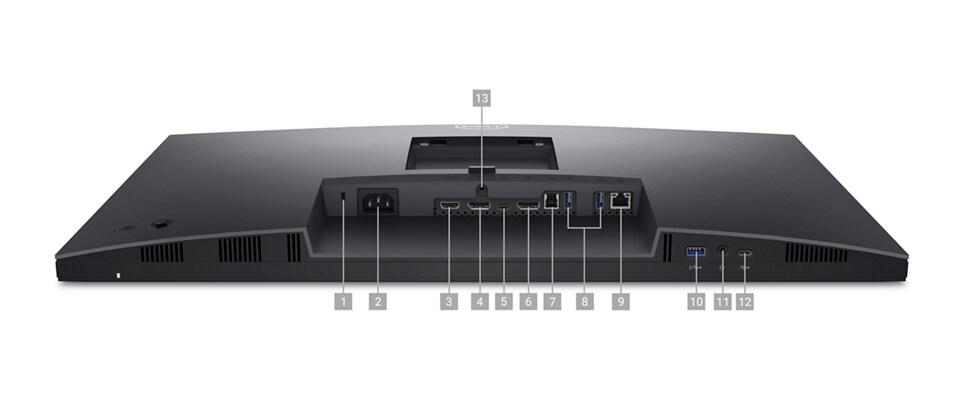 Dell Videokonferenzmonitor P2724DEB, auf dem Bildschirm liegend, Ziffern von 1 bis 13 geben die verfügbaren Anschlüsse und Steckplätze an