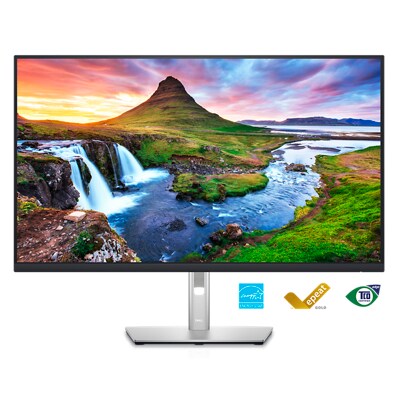 Picture of a Dell P3223QE Monitor with a nature landscape background on the screen. 