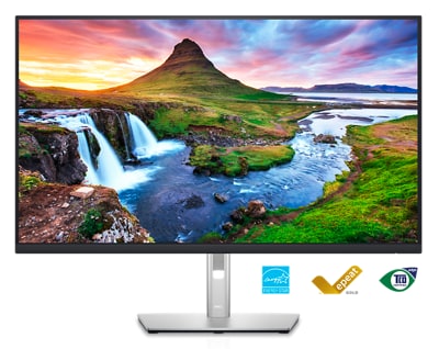 Picture of a Dell P3223QE Monitor with a nature landscape background on the screen.