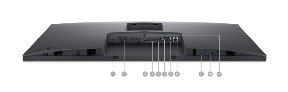 Photo du moniteur Dell P3223QE avec l'écran vers le bas et les chiffres de 1 à 11 indiquant les ports disponibles sous le produit.