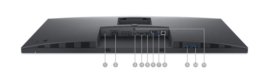 Imagem do Monitor Dell P3223QE com o ecrã inativo e números de 1 a 11 que assinalam as portas disponíveis abaixo do produto.