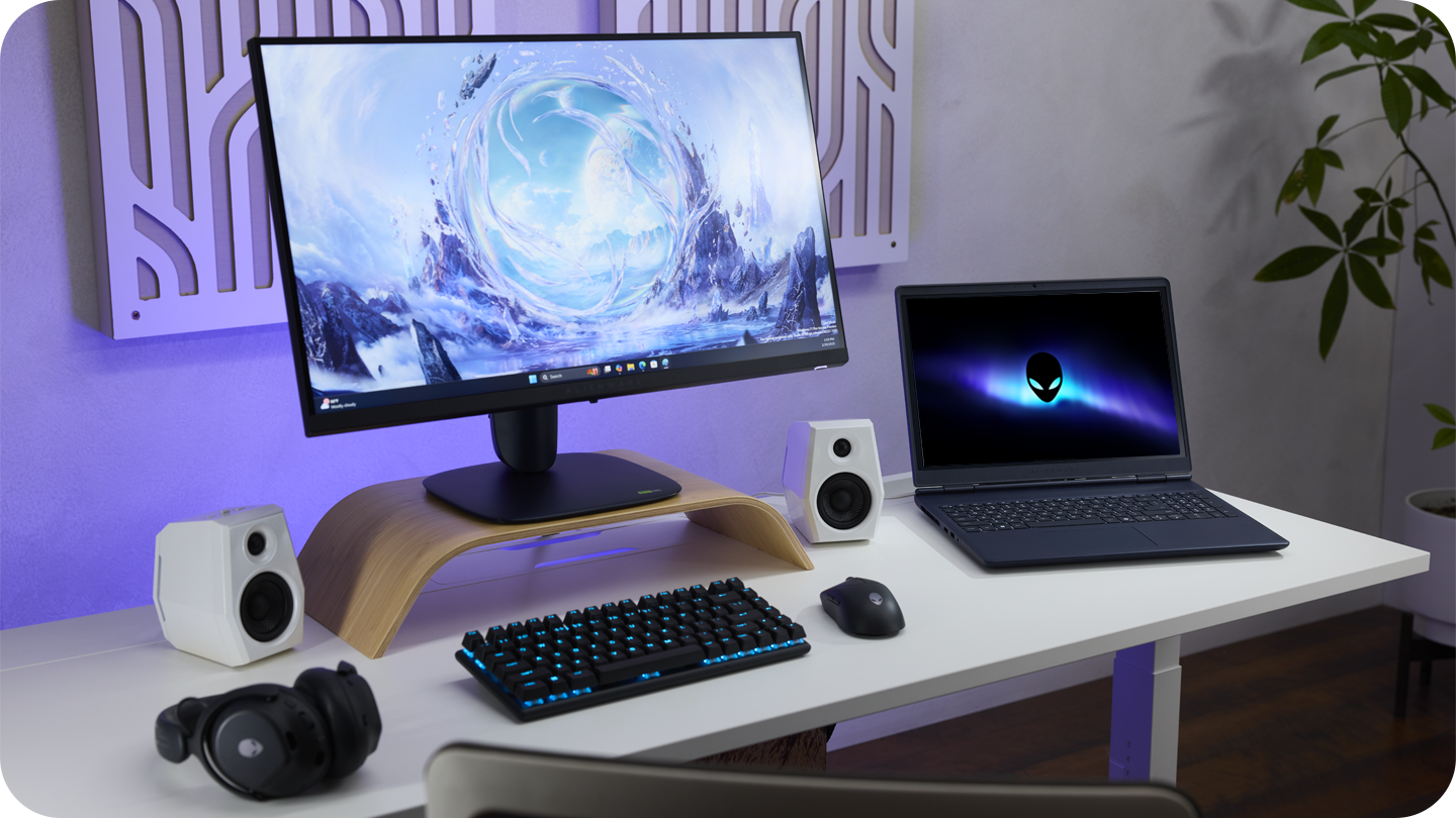 A lifestyle image of an Alienware 16 Aurora gaming laptop.