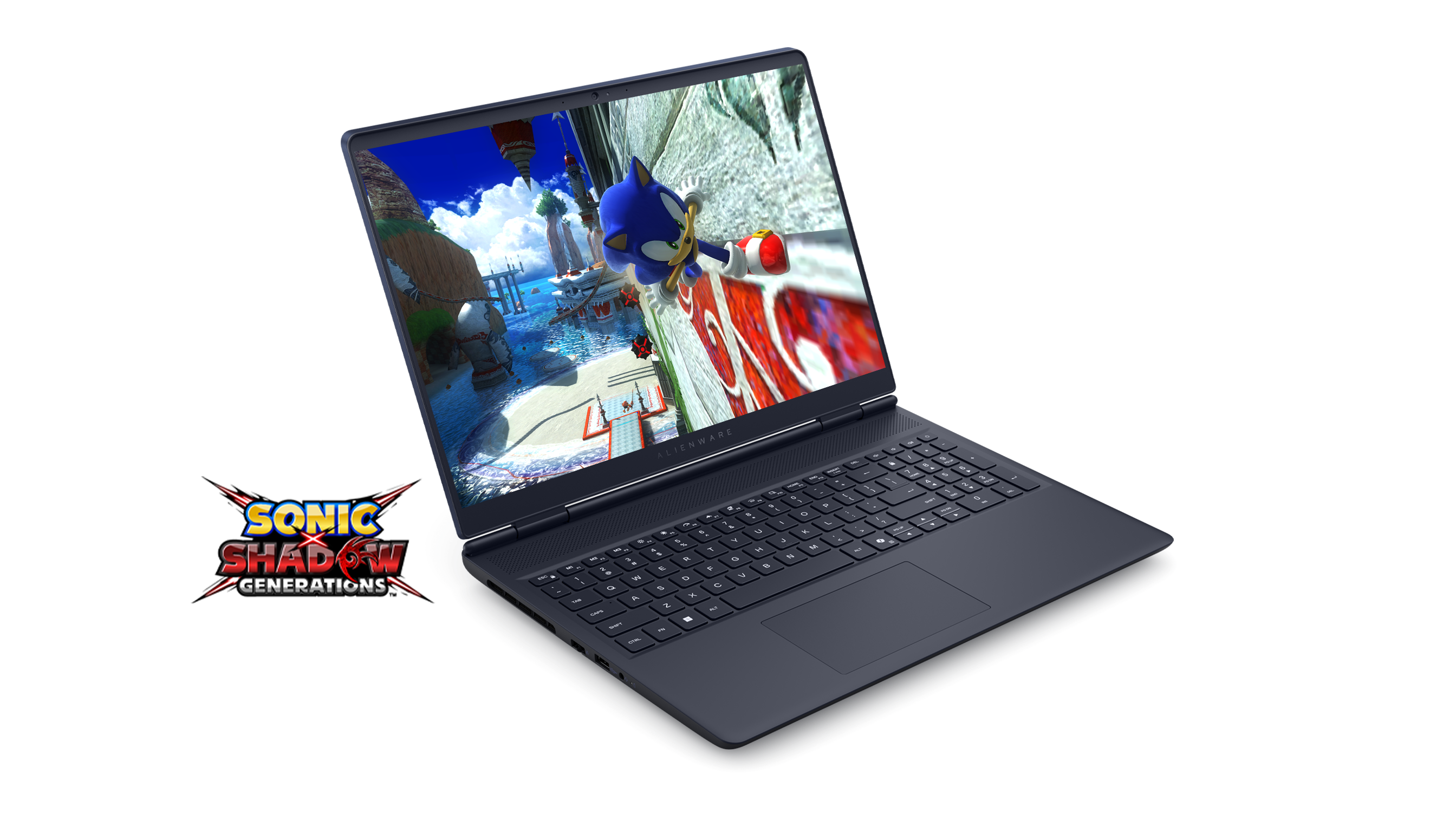 An Alienware 16 Aurora gaming laptop showing a futuristic landscape on its crystal-clear display.