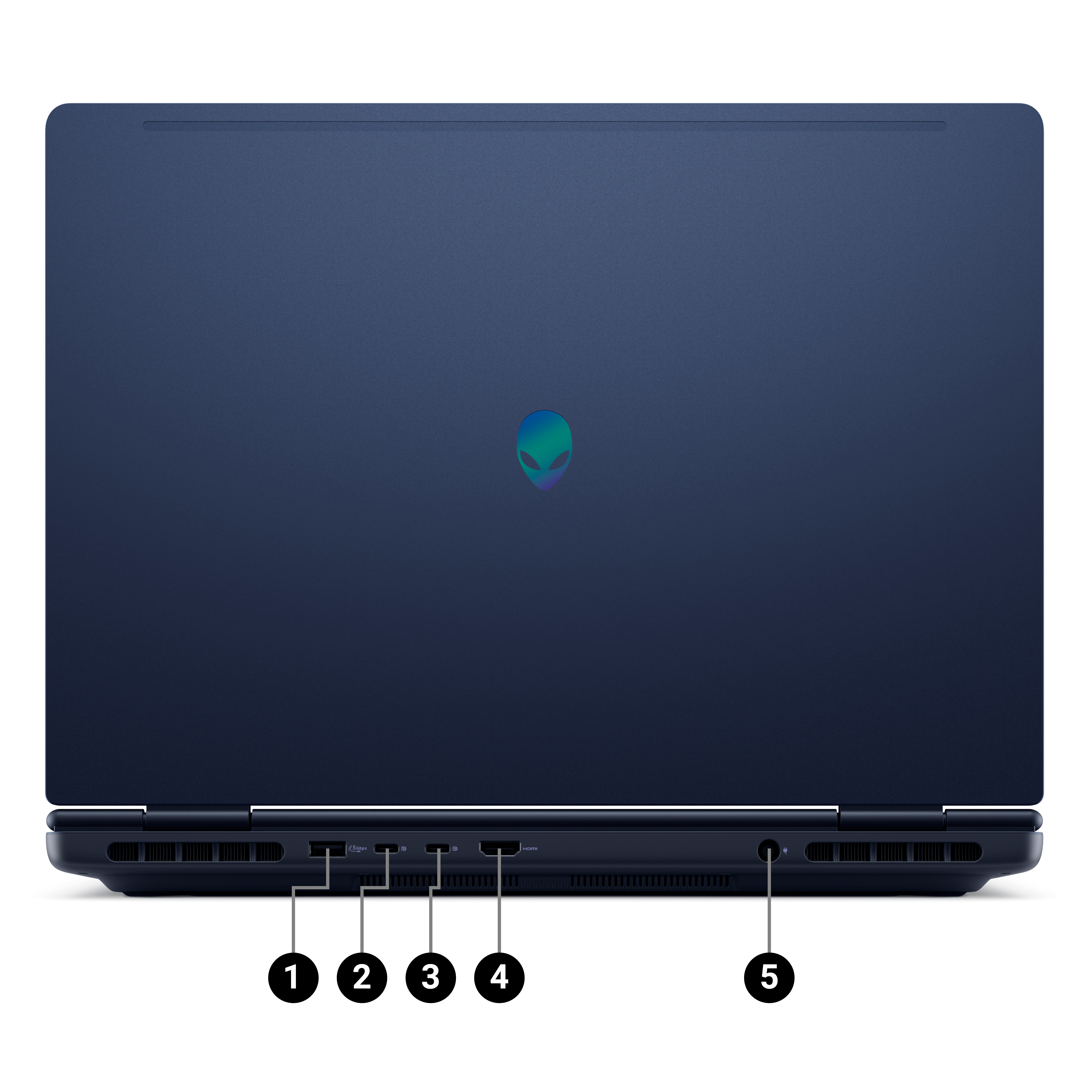 Rear view of An Alienware 16 Aurora gaming laptop, showing its connectivity ports.