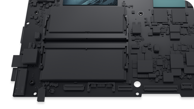 An image of an Alienware 16 Aurora gaming laptop’s motherboard showing a NVIDIA® GPU and an Intel™ processor.