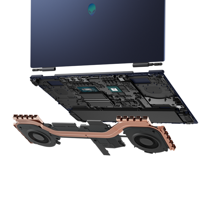 Uma imagem da tecnologia de resfriamento Alienware Cryo-Tech saindo de um notebook gamer Alienware 16 Aurora.