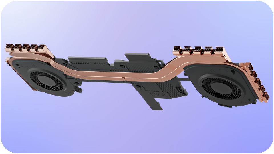 An image of Alienware Cryo-Tech, including the fans that pull cool air into the laptop and copper heat pipes that help dissipate the heat.