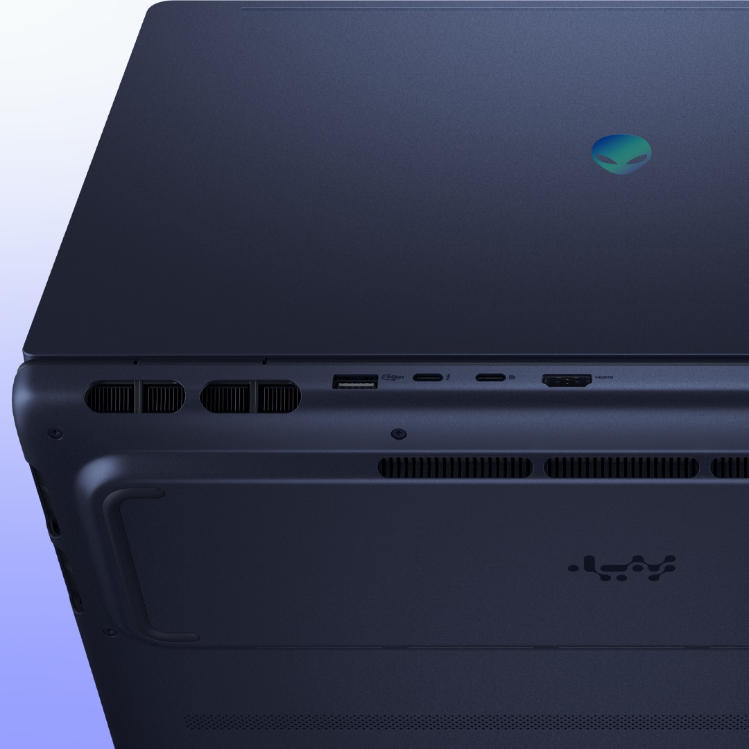 A close-up image of an Alienware Aurora 16X gaming laptop, highlighting the fluid contours of laptop’s design-focused chassis.