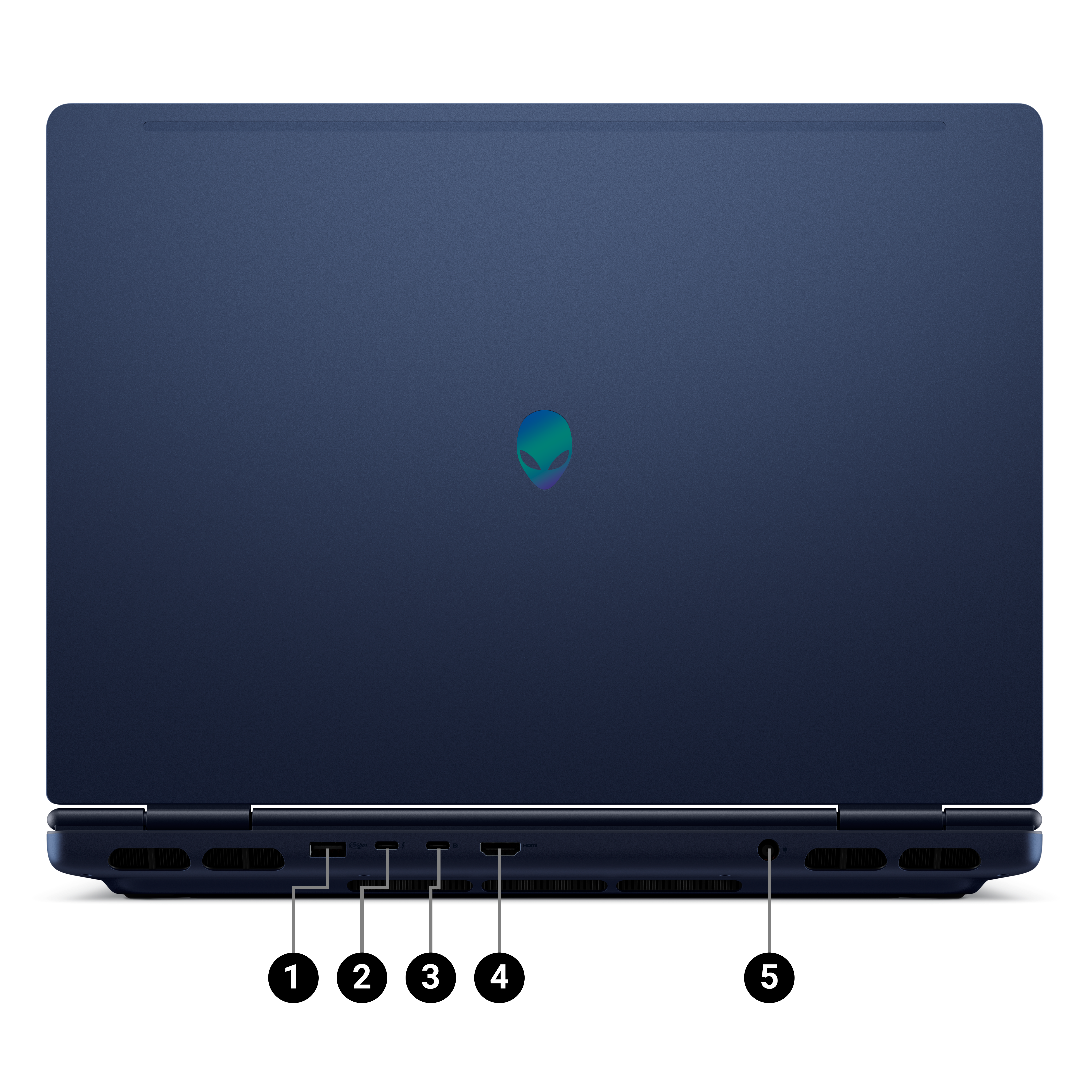 Rear view of An Alienware 16X Aurora gaming laptop, showing its connectivity ports.