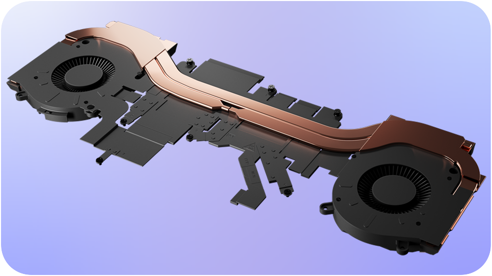 An image of Alienware Cryo-Tech, including the fans that pull cool air into the laptop and copper heat pipes that help dissipate the heat.