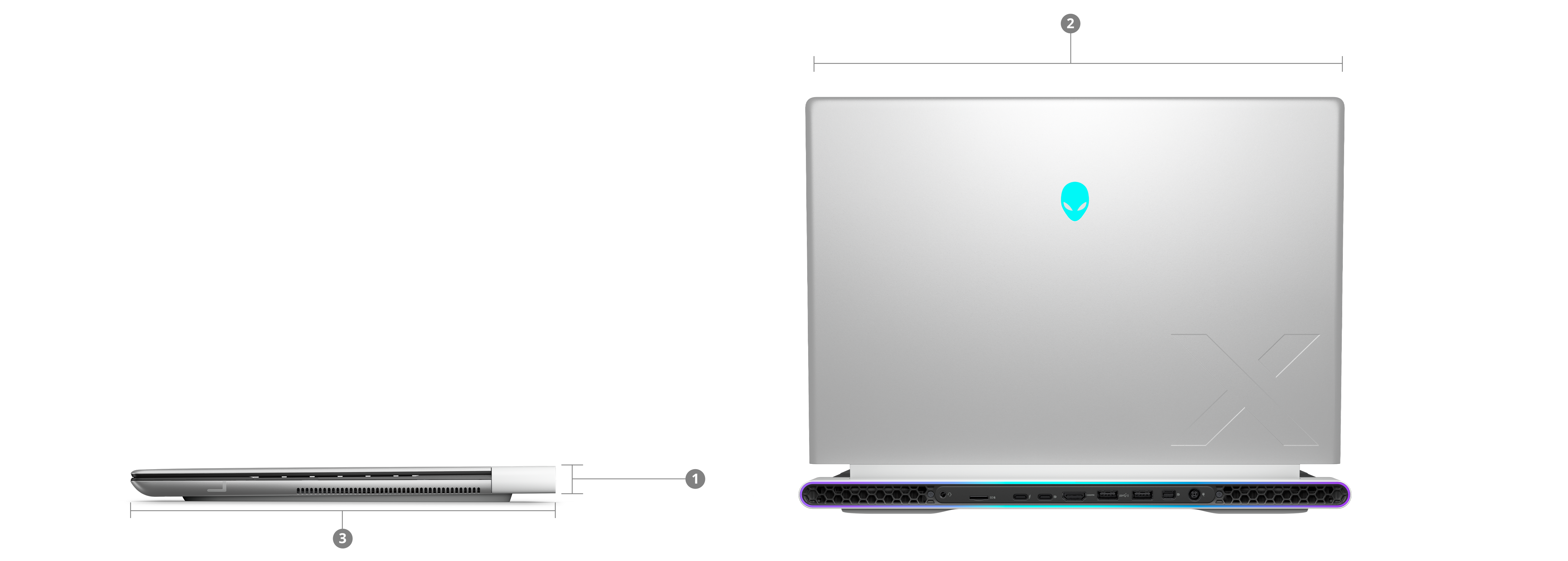 Máy tính xách tay chơi game Dell Alienware X16 R2 có các số từ 1 đến 3 hiển thị kích thước và trọng lượng của sản phẩm.