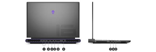 Dell Alienware M16 Gaming Laptops with numbers from 1 to 9 showing the product ports and slots.
