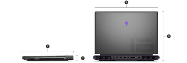 Dell Alienware M16 Gaming Laptops with numbers from 1 to 3 showing the product dimensions and weight.