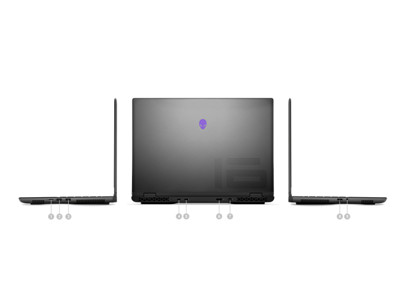 Portátil gaming Dell Alienware m16 R2 con números del 1 al 9 que indican los puertos y las ranuras del producto.