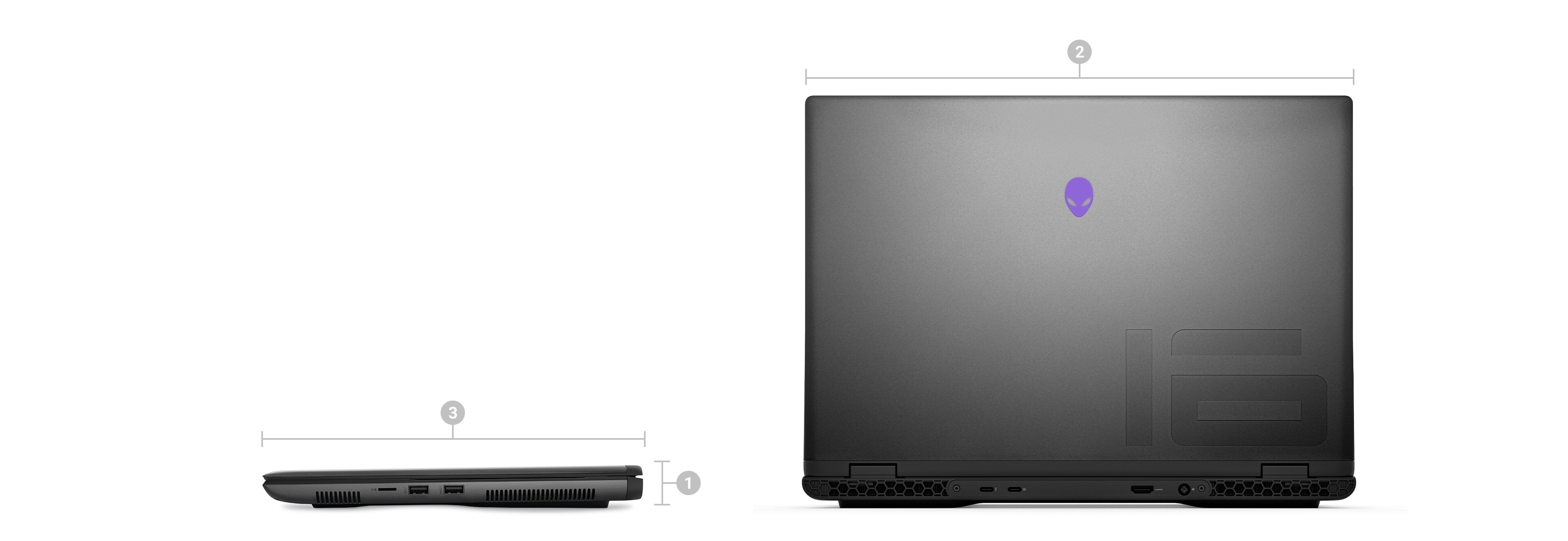Dell Alienware m16 R2 遊戲專用筆記型電腦，以數字 1 至 3 標示產品尺寸和重量。